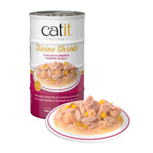 Load image into Gallery viewer, Garnitures Catit Divine Shreds, Thon avec crevettes et citrouille en gelée, 4 x conserves de 85 g