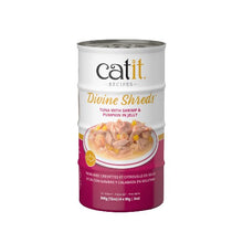 Load image into Gallery viewer, Garnitures Catit Divine Shreds, Thon avec crevettes et citrouille en gelée, 4 x conserves de 85 g