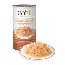 Load image into Gallery viewer, Garnitures Catit Divine Shreds, Poulet avec saumon et citrouille en gelée, 4 x conserves de 85 g