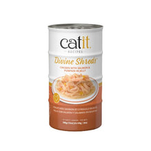 Load image into Gallery viewer, Garnitures Catit Divine Shreds, Poulet avec saumon et citrouille en gelée, 4 x conserves de 85 g