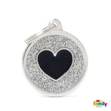 Load image into Gallery viewer, Médaille collection SHINE, CIRCLE GLITTER GRIS COEUR NOIR, GRAND - Boutique Le Jardin Des Animaux -médailleBoutique Le Jardin Des AnimauxGL07GREY