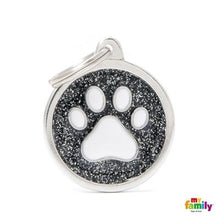 Load image into Gallery viewer, Médaille collection SHINE, CIRCLE GLITTER NOIR PATTE BLANCHE, GRAND - Boutique Le Jardin Des Animaux -médailleBoutique Le Jardin Des AnimauxGL06BLACK