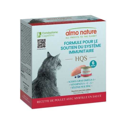 Almo HQS Formule Chat soutien immunitaire - Recette de poulet + bleuet en sauce 6 x 50 gr