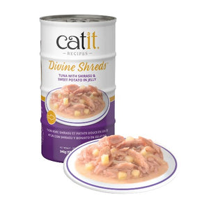 Garnitures Catit Divine Shreds, Thon avec shirasu et patate douce en gelée, 4 x conserves de 85 g