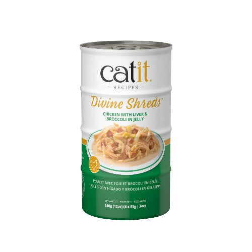 Garnitures Catit Divine Shreds, Poulet avec foie et brocoli en gelée, 4 x conserves de 85 g