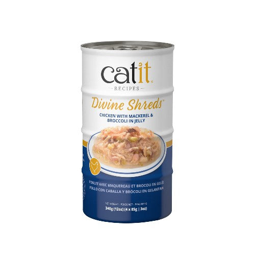 Garnitures Catit Divine Shreds, Poulet avec maquereau et brocoli en gelée, 4 x conserves de 85 g