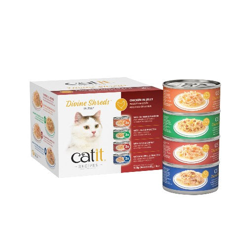 Garnitures Catit Divine Shreds en gelée, Assortiment au poulet, 12 x conserves de 85 g