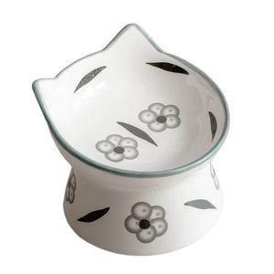 Dexypaws Bol surélevé en céramique pour chat 7 oz, Blanc avec imprimé de fleurs blanches et noires