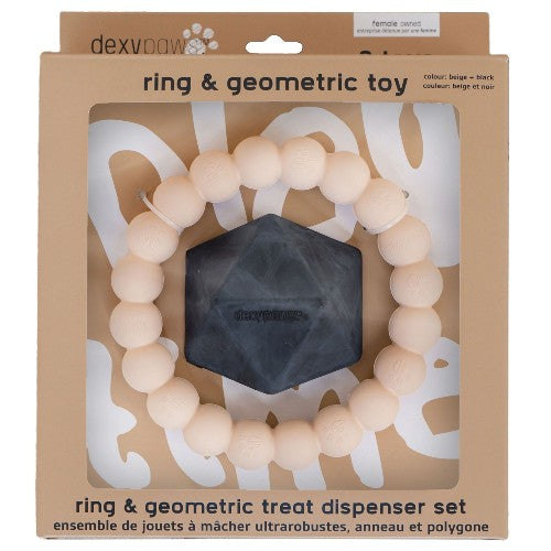 Dexypaws Jouet à mâcher ultra robustes pour chien - Duo anneau & forme géométrique, Beige & noir