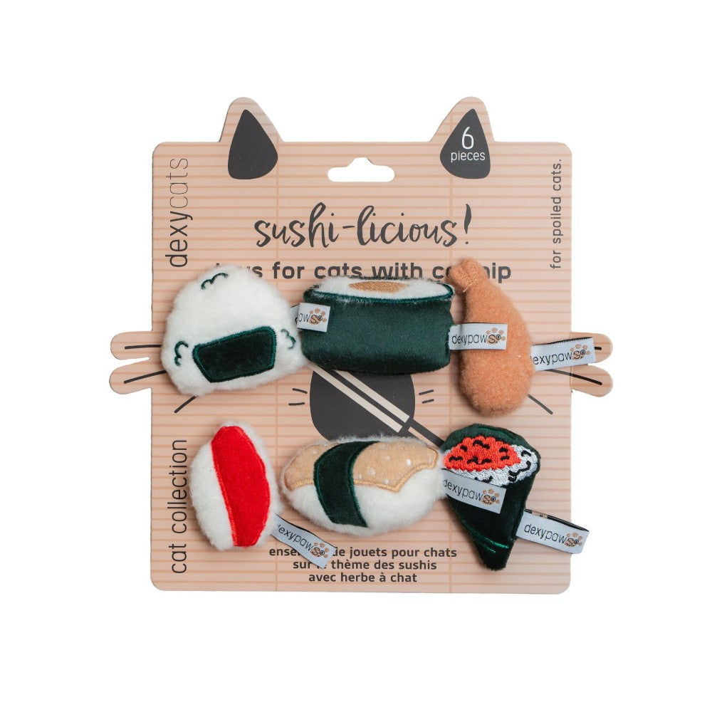 Dexypaws Jouet en peluche pour chat avec herbe à chat - Ensemble De 6 Jouets - Thème sushis