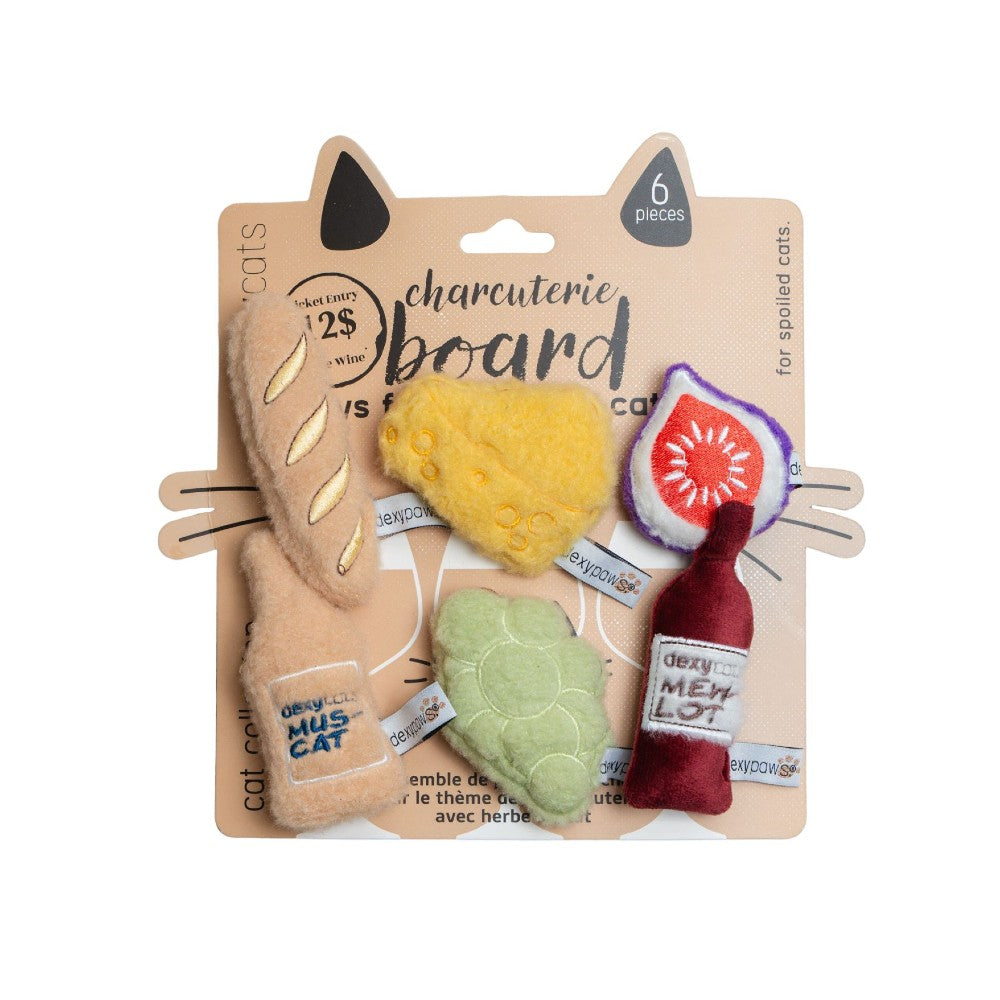 Dexypaws Jouet en peluche pour chat avec herbe à chat - Ensemble De 6 Jouets - Thème vin, fromage et raisin