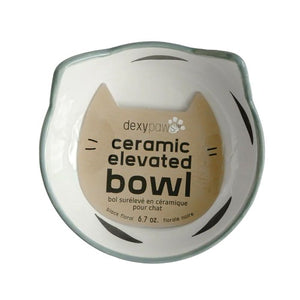 Dexypaws Bol surélevé en céramique pour chat 7 oz, Blanc avec imprimé de fleurs blanches et noires