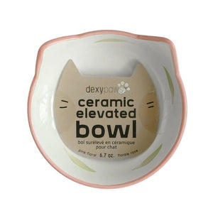 Dexypaws Bol surélevé en céramique pour chat 7 oz, Blanc avec imprimé de fleurs blanches et roses