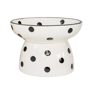 Dexypaws Bol surélevé en céramique pour chat 8.7 oz, Blanc avec imprimé de pois noirs