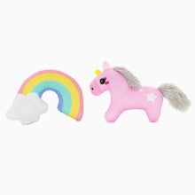 Load image into Gallery viewer, Hugsmart "Meow Buddies" Jouet avec cachette à gâteries pour Chat - Duo licorne &amp; arc-en-ciel
