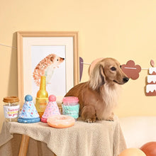 Load image into Gallery viewer, Hugsmart "Yappy Birthday" Jouet en caoutchouc &amp; tissu craquant pour chien - Beigne d’anniversaire
