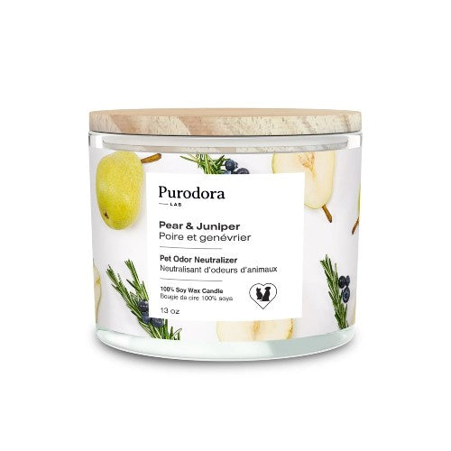 Purodora Lab Bougie de soya - Neutralisant d'odeurs d'animaux - Poire et genévrier 13 oz